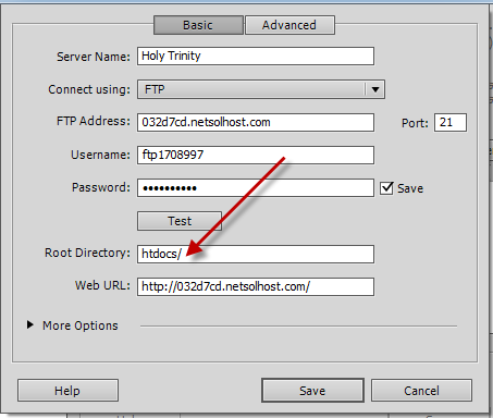 Dreamweaver Site Definition Root Folder on Server